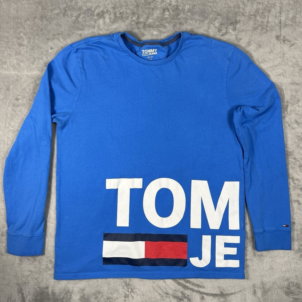 Tommy Hilfiger Jeans Wrap Around Spell Out Long Sleeve T-shirt Mens L Blue Flag